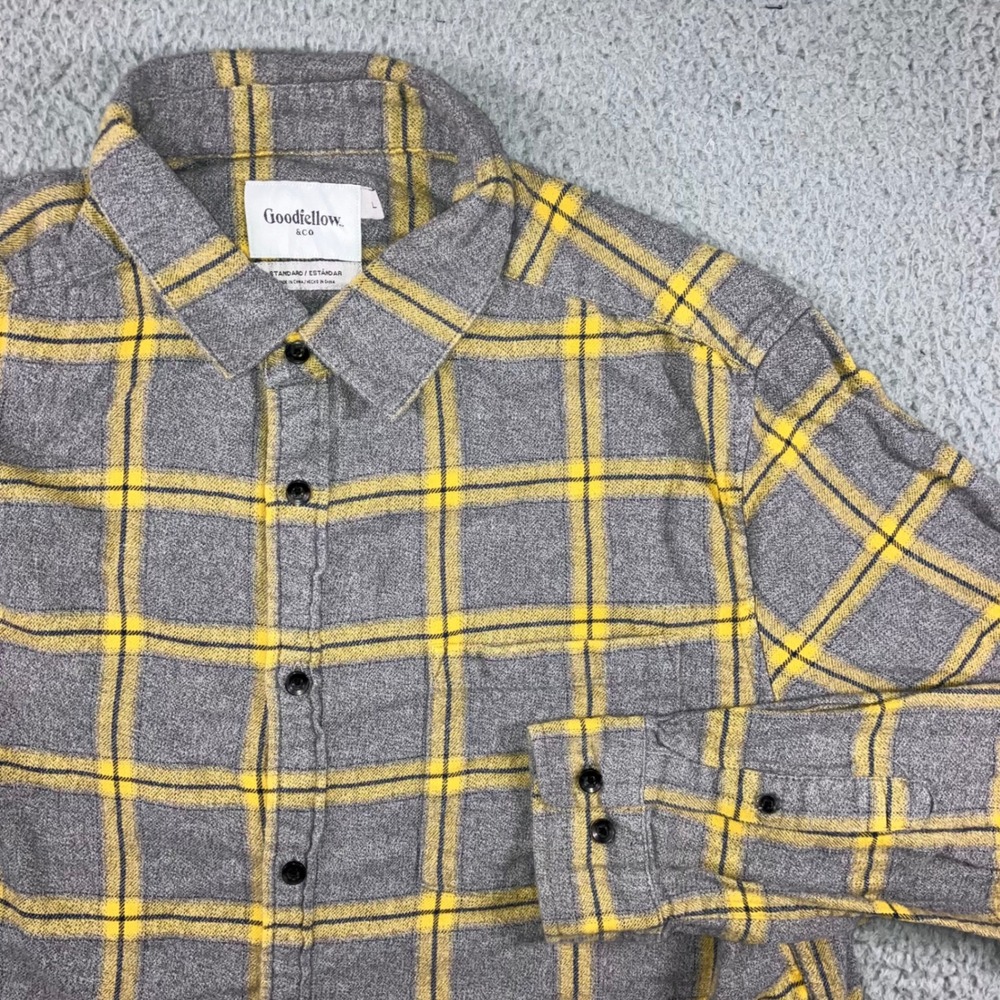 Relaxed Flannel Shirt Women L Upcycled Raw Hem Grey Yellow Plaid Edgy Soft Goth